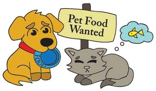 Cartoon picture showing pets with sign asking for food