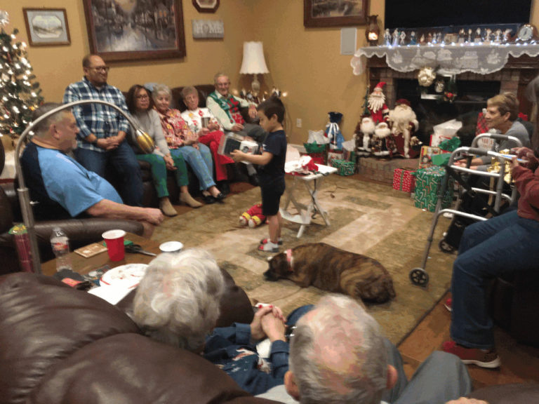 Jacob delivering gift to grandpaw